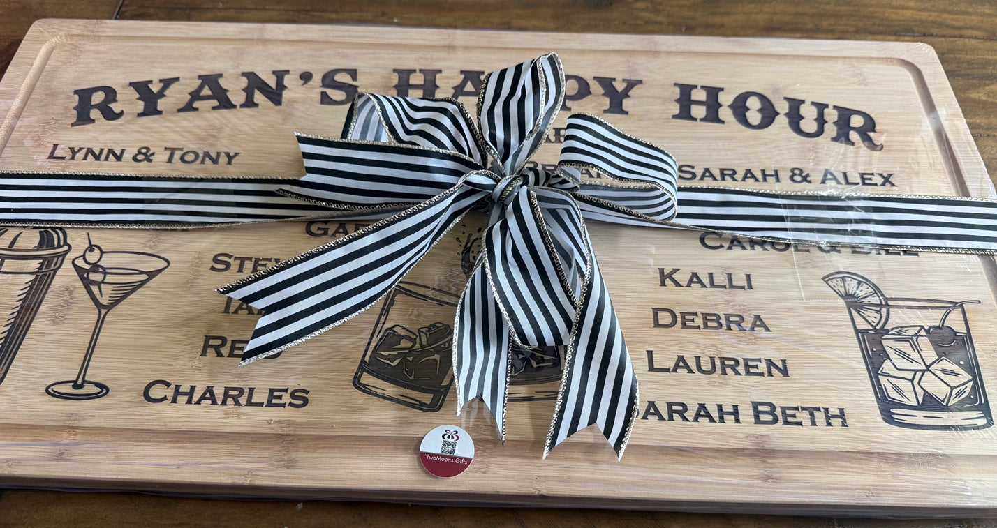 Laser engraved wooden cutting board - Ryan's Happy Hour style
