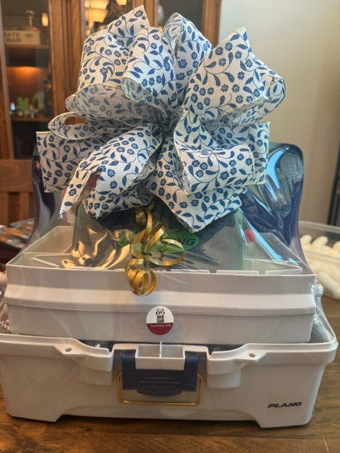 Fishing Kit gift box - tackle box filled with fishing gear and custom laser engraved drink tumbler